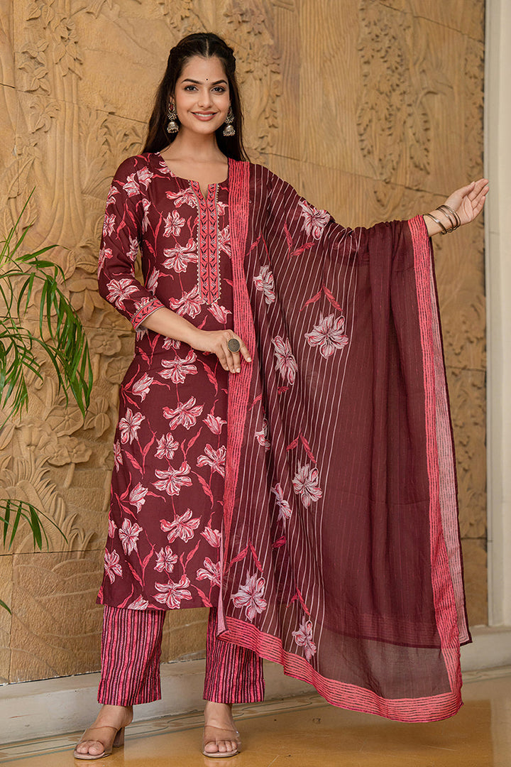 Maroon Rayon Blend Floral Printed Straight Trouser Suit Set | SHOBITAM