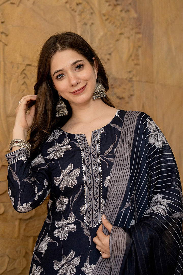 Black Rayon Blend Floral Printed Straight Trouser Suit Set | SHOBITAM