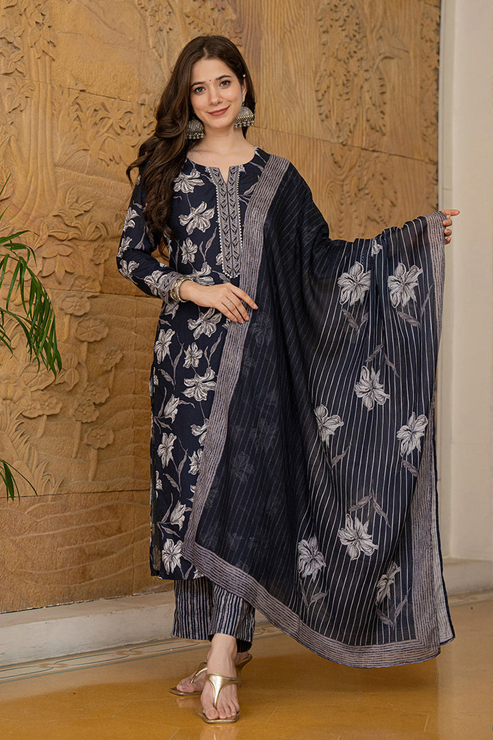 Black Rayon Blend Floral Printed Straight Trouser Suit Set | SHOBITAM