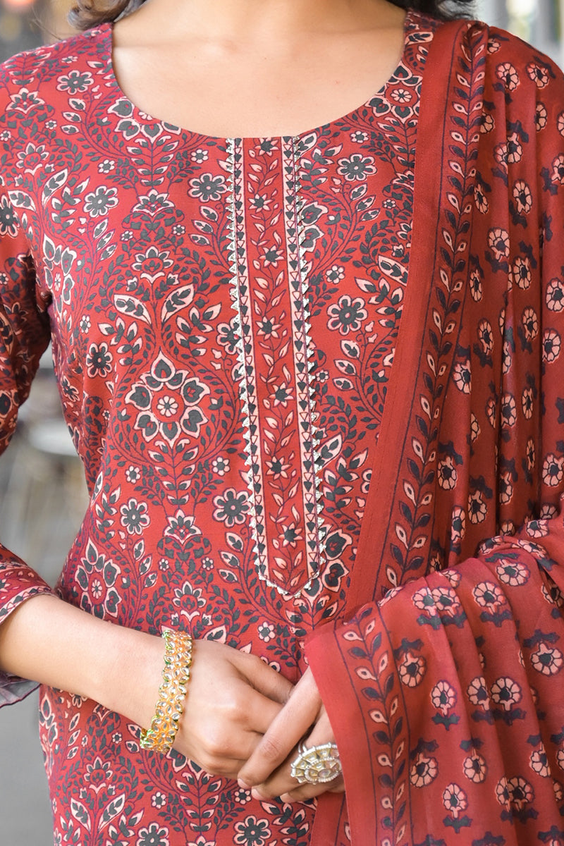 Red Cotton Blend Floral Printed Straight Suit Set With Trouser Style Bottom | SHOBITAM