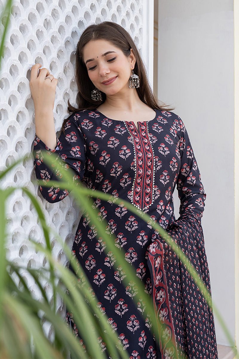 Black Rayon Blend Floral Printed Straight Trouser Bottom Suit Set | SHOBITAM