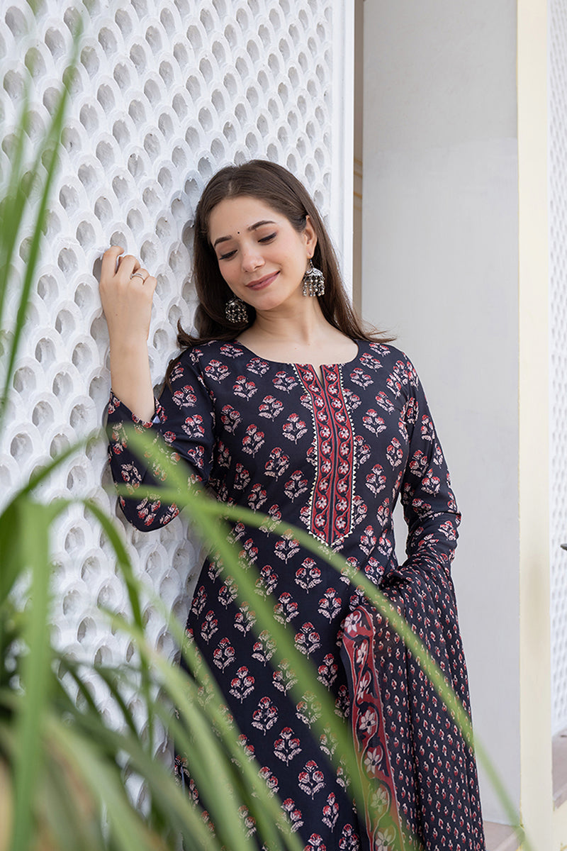 Black Rayon Blend Floral Printed Straight Trouser Bottom Suit Set | SHOBITAM