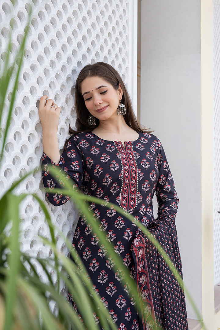 Black Rayon Blend Floral Printed Straight Trouser Bottom Suit Set | SHOBITAM
