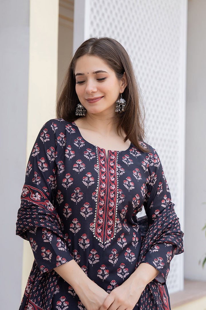 Black Rayon Blend Floral Printed Straight Trouser Bottom Suit Set | SHOBITAM
