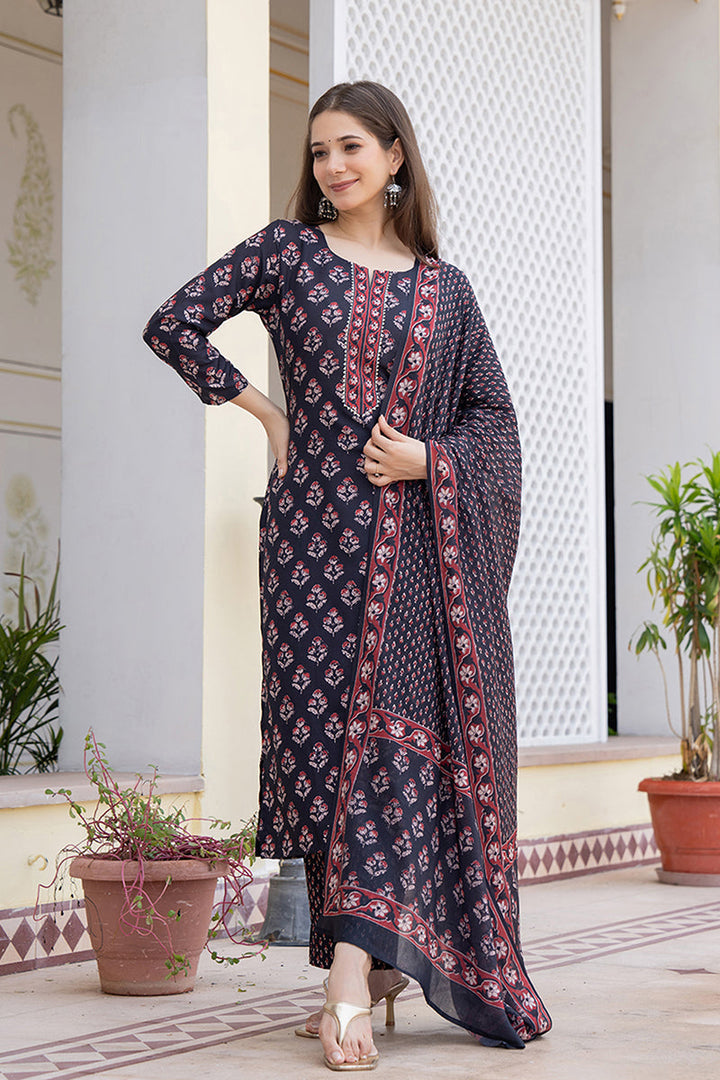 Black Rayon Blend Floral Printed Straight Trouser Bottom Suit Set | SHOBITAM