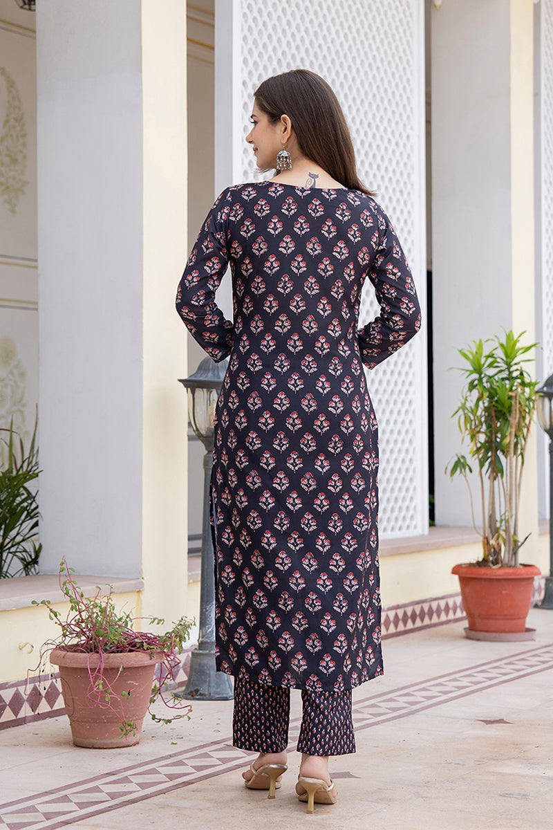 Black Rayon Blend Floral Printed Straight Trouser Bottom Suit Set | SHOBITAM