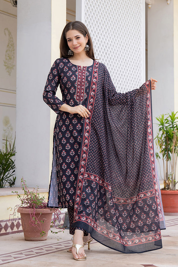 Black Rayon Blend Floral Printed Straight Trouser Bottom Suit Set | SHOBITAM