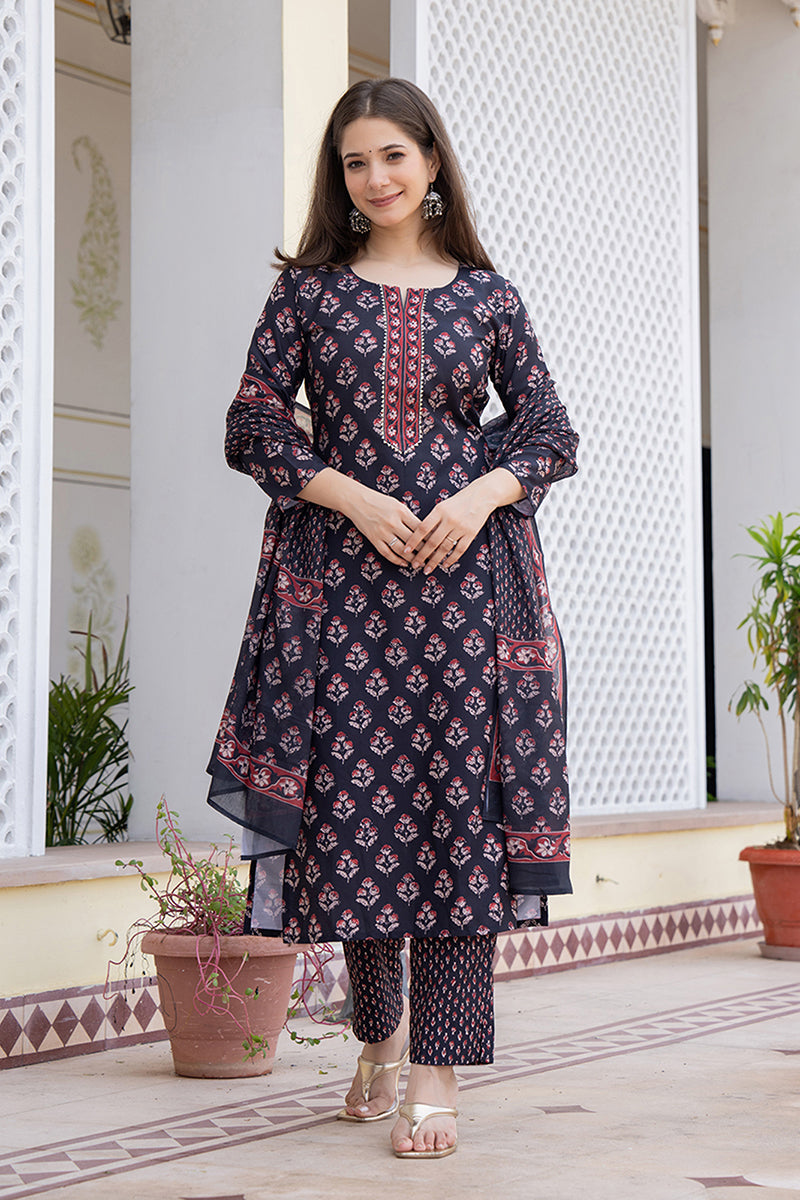 Black Rayon Blend Floral Printed Straight Trouser Bottom Suit Set | SHOBITAM
