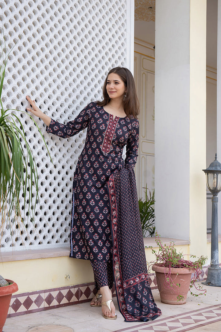 Black Rayon Blend Floral Printed Straight Trouser Bottom Suit Set | SHOBITAM