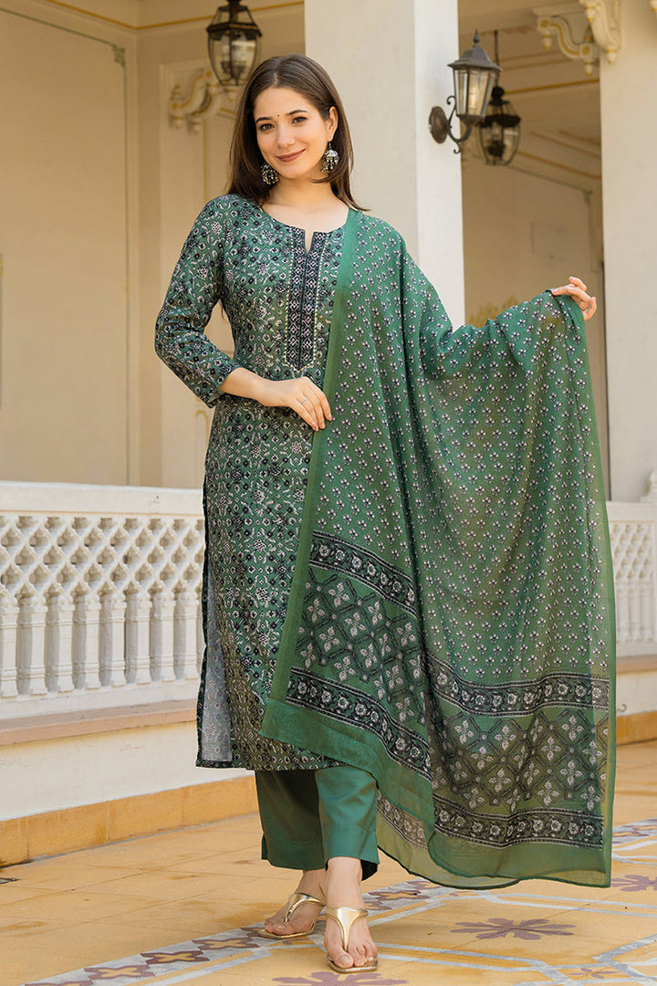 Green Rayon Blend Ethnic Motifs Printed Straight Suit Set With Trouser Bottom | SHOBITAM