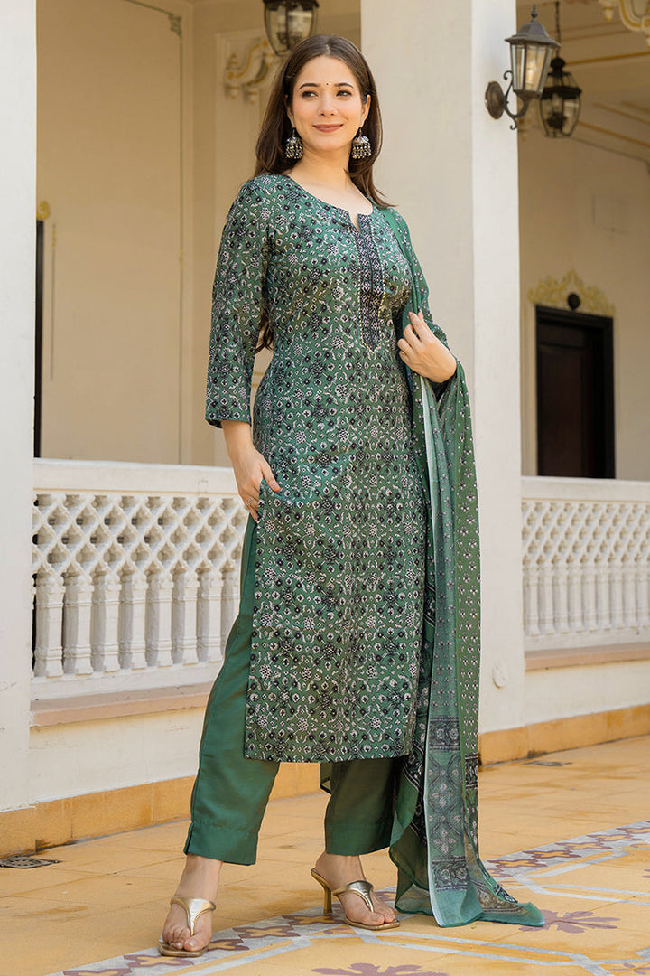 Green Rayon Blend Ethnic Motifs Printed Straight Suit Set With Trouser Bottom | SHOBITAM