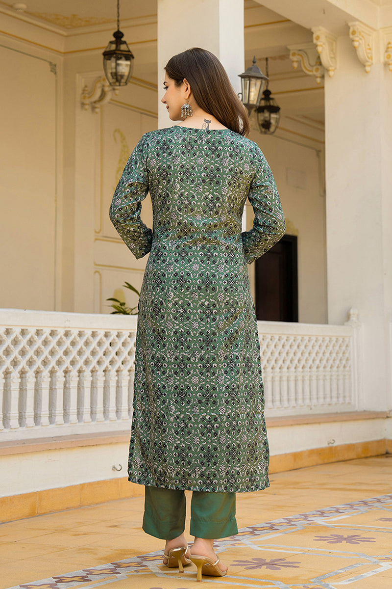 Green Rayon Blend Ethnic Motifs Printed Straight Suit Set With Trouser Bottom | SHOBITAM