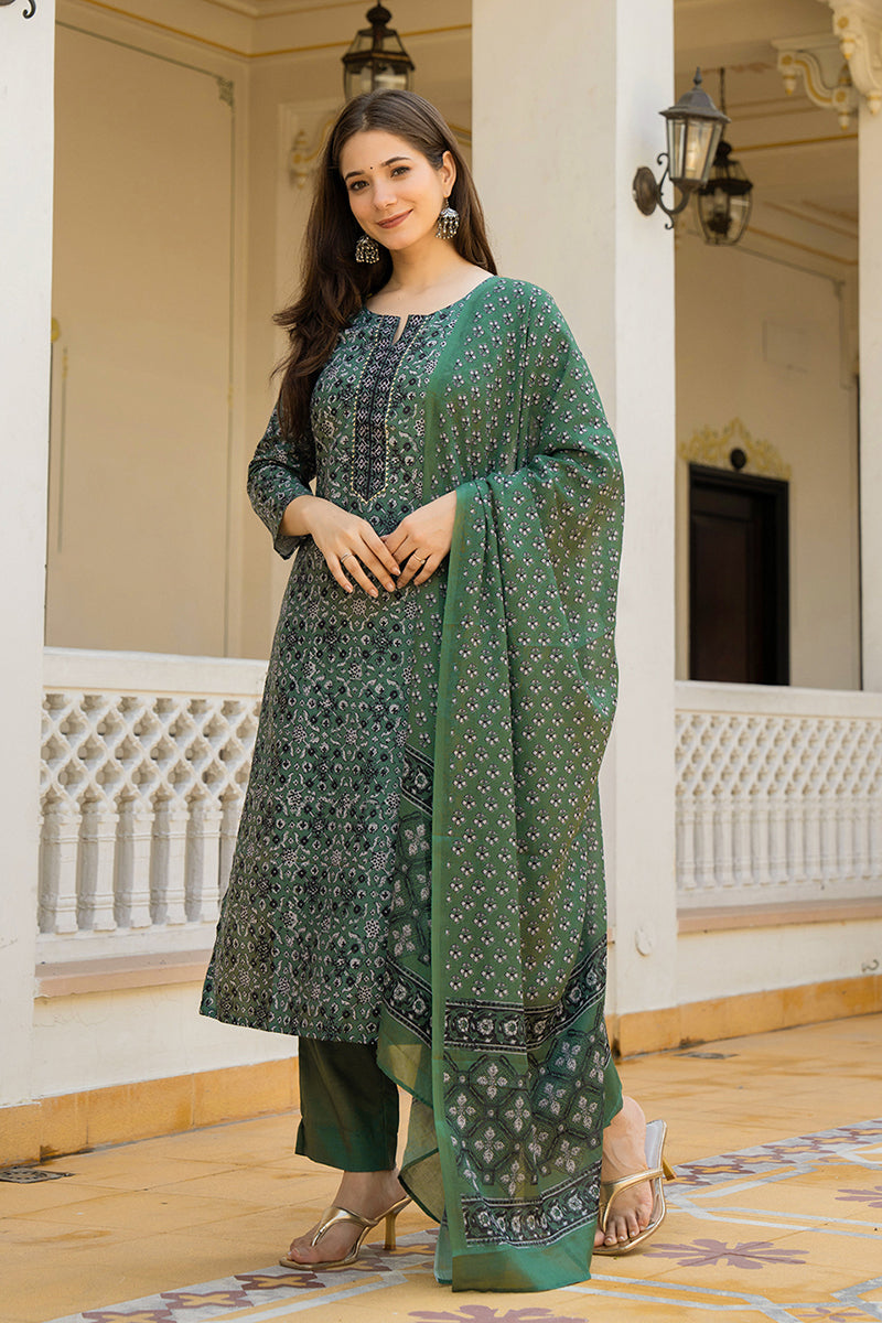 Green Rayon Blend Ethnic Motifs Printed Straight Suit Set With Trouser Bottom | SHOBITAM