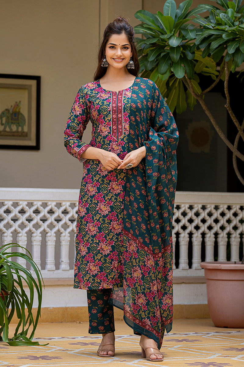Green Rayon Blend Floral Printed Straight Suit Set With Trouser Bottom | SHOBITAM