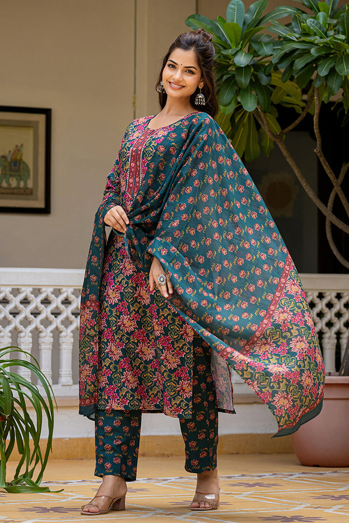Green Rayon Blend Floral Printed Straight Suit Set With Trouser Bottom | SHOBITAM