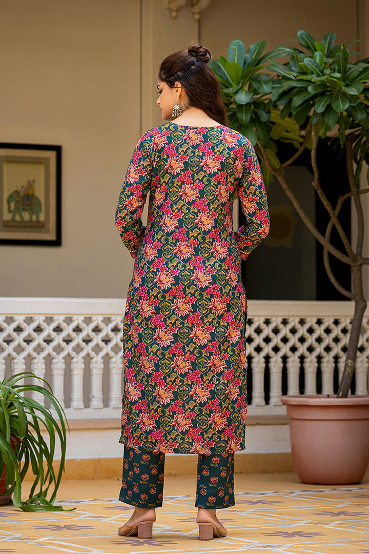 Green Rayon Blend Floral Printed Straight Suit Set With Trouser Bottom | SHOBITAM
