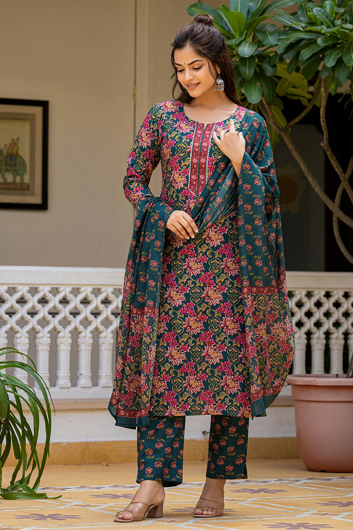 Green Rayon Blend Floral Printed Straight Suit Set With Trouser Bottom | SHOBITAM