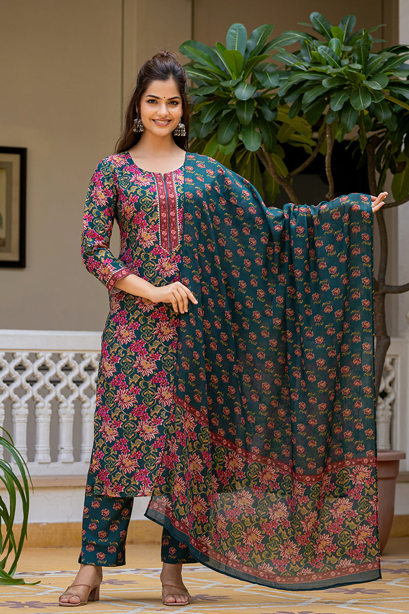 Green Rayon Blend Floral Printed Straight Suit Set With Trouser Bottom | SHOBITAM