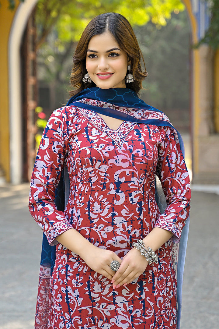 Maroon Rayon Blend Ethnic Motifs Printed Straight Suit Set | SHOBITAM