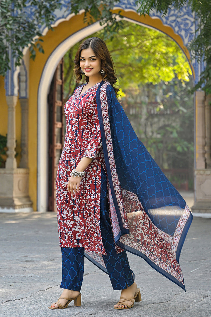Maroon Rayon Blend Ethnic Motifs Printed Straight Suit Set | SHOBITAM