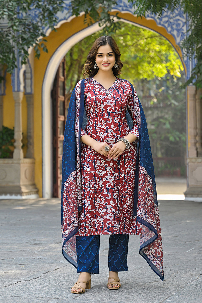Maroon Rayon Blend Ethnic Motifs Printed Straight Suit Set | SHOBITAM