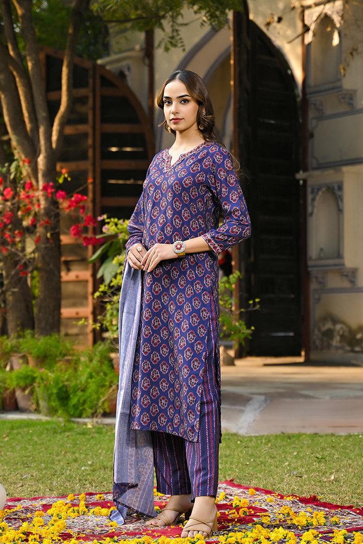 Navy Blue Rayon Blend Floral Printed Straight Trouser Suit Set | SHOBITAM