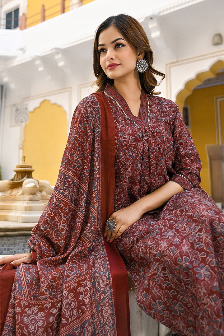 Maroon Rayon Blend Floral Printed Straight Suit Set | SHOBITAM