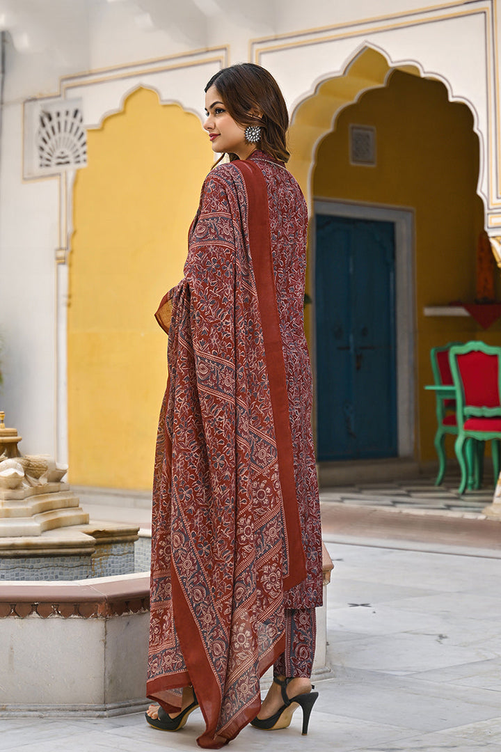 Maroon Rayon Blend Floral Printed Straight Suit Set | SHOBITAM