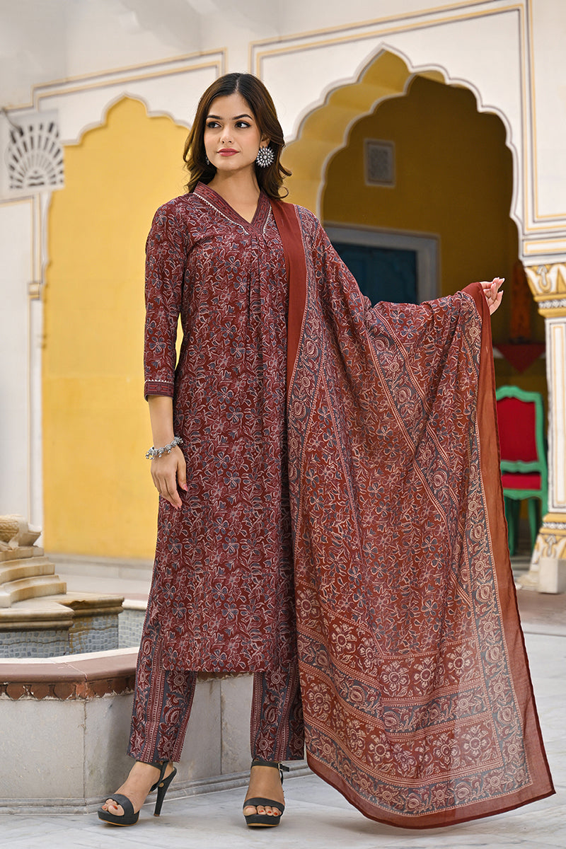 Maroon Rayon Blend Floral Printed Straight Suit Set | SHOBITAM