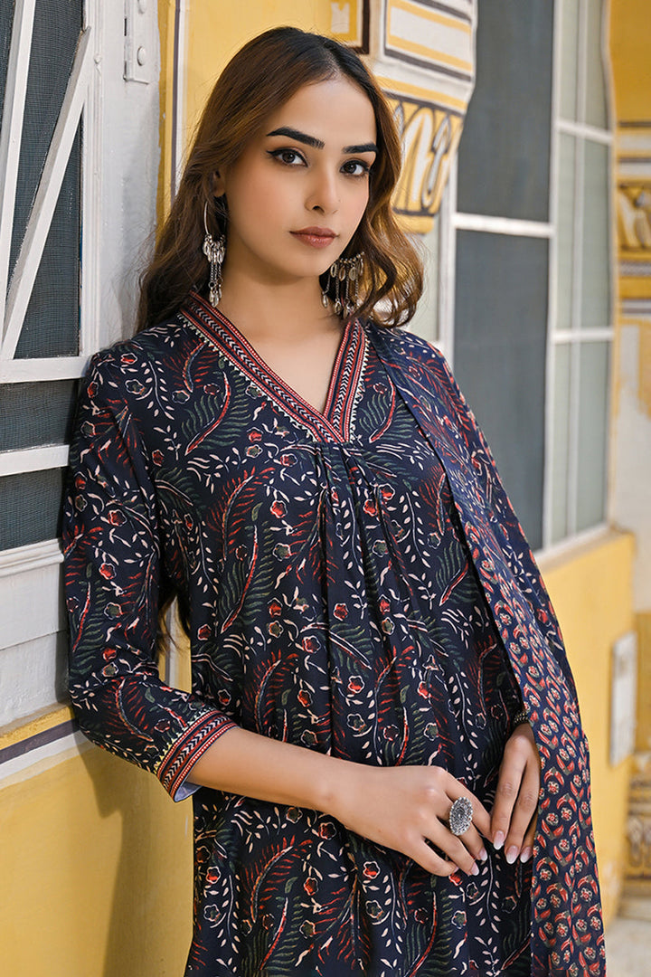 Navy Blue Rayon Blend Floral Printed Straight Suit Set | SHOBITAM