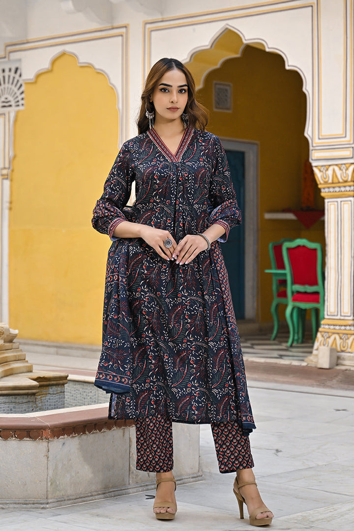 Navy Blue Rayon Blend Floral Printed Straight Suit Set | SHOBITAM