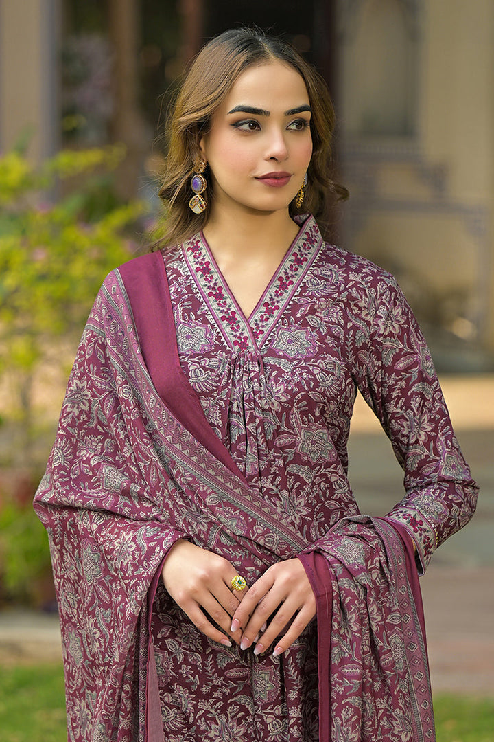 Burgundy Rayon Blend Floral Printed Straight Suit Set | SHOBITAM