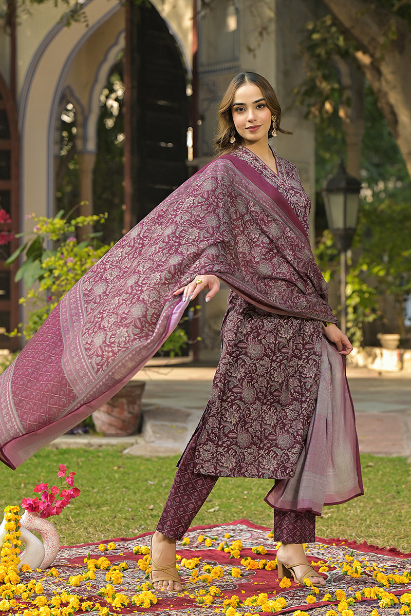 Burgundy Rayon Blend Floral Printed Straight Suit Set | SHOBITAM