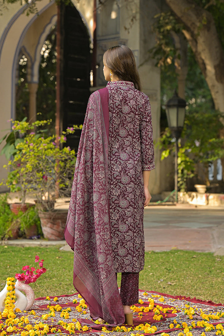 Burgundy Rayon Blend Floral Printed Straight Suit Set | SHOBITAM