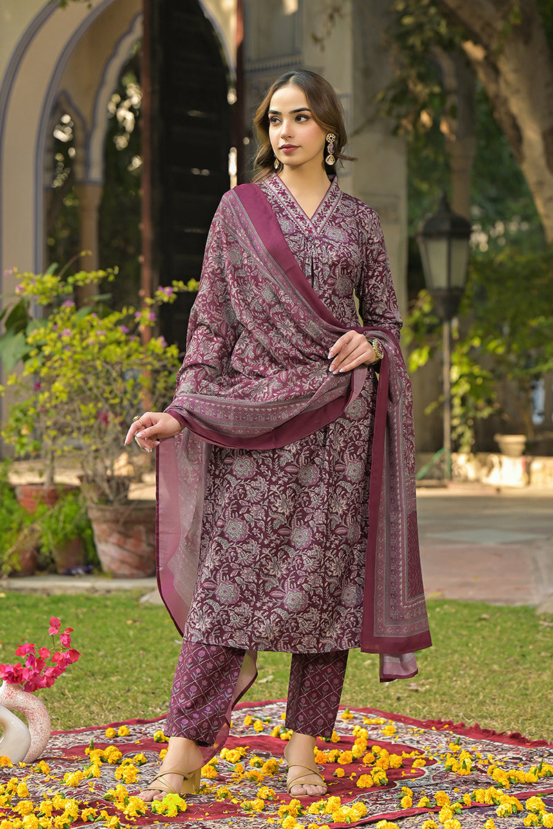 Burgundy Rayon Blend Floral Printed Straight Suit Set | SHOBITAM
