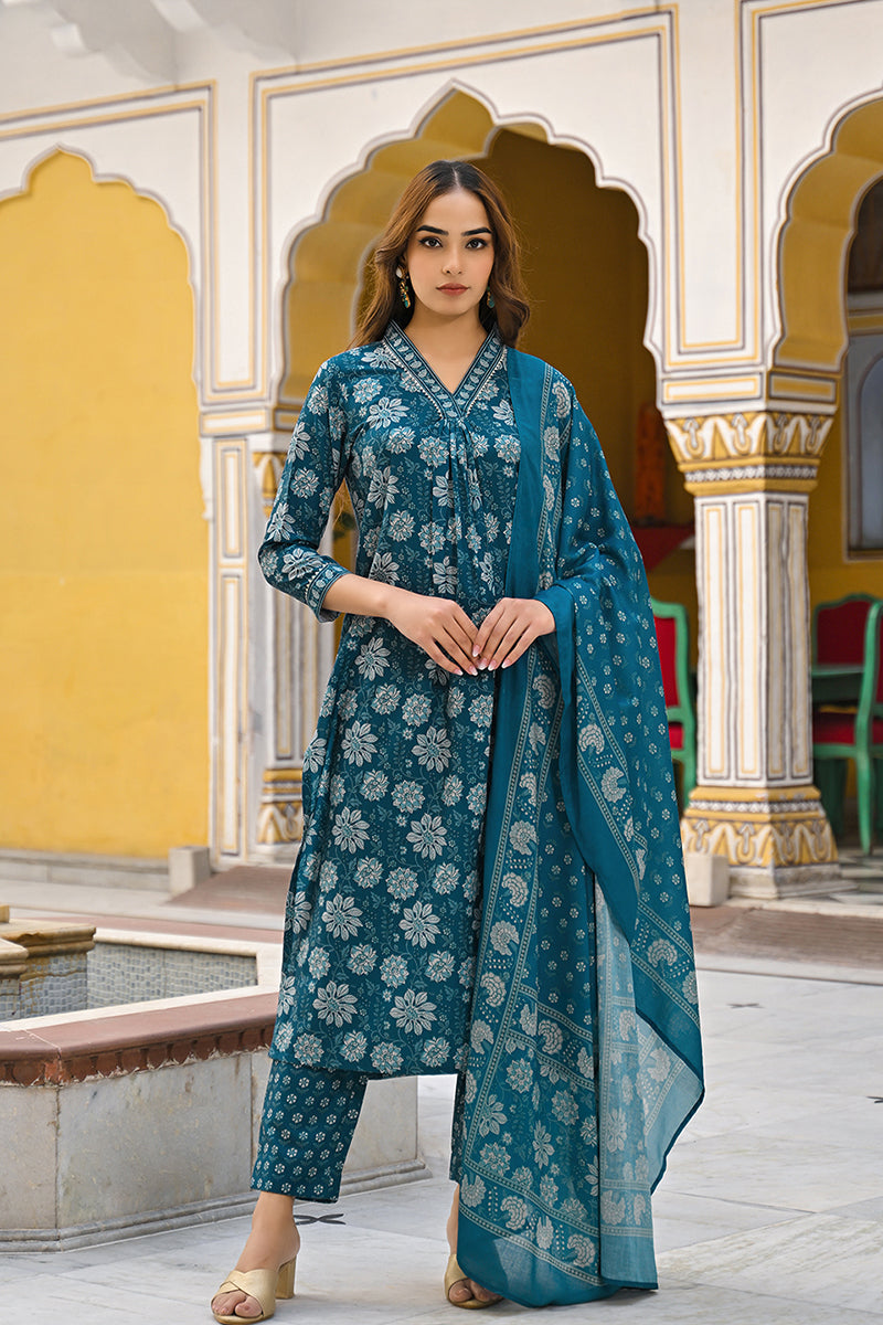 Blue Rayon Blend Floral Printed Straight Suit Set | SHOBITAM
