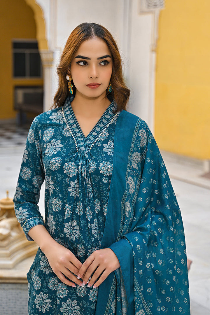 Blue Rayon Blend Floral Printed Straight Suit Set | SHOBITAM