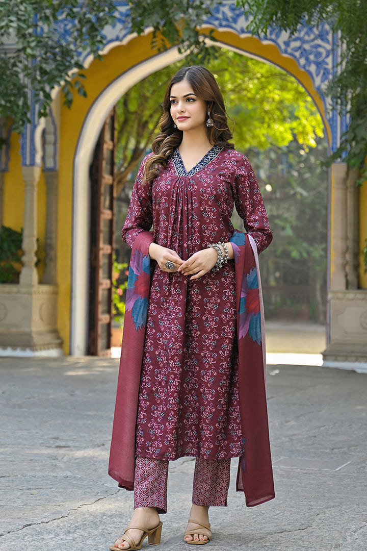 Maroon Rayon Blend Floral Printed Straight Suit Set | SHOBITAM