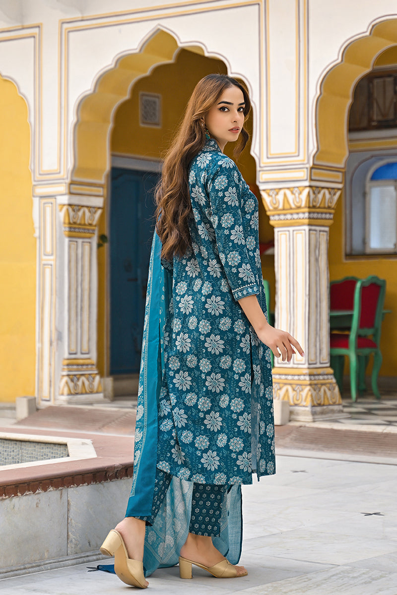 Blue Rayon Blend Floral Printed Straight Suit Set | SHOBITAM