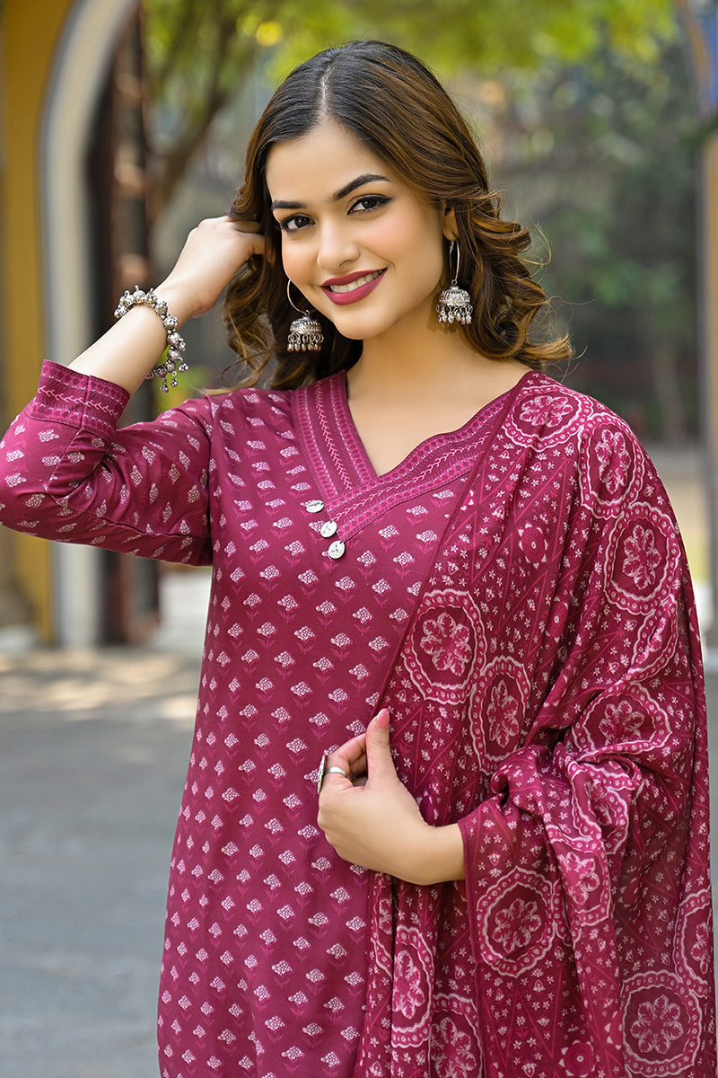 Maroon Cotton Blend Floral Printed Straight Suit Set | SHOBITAM