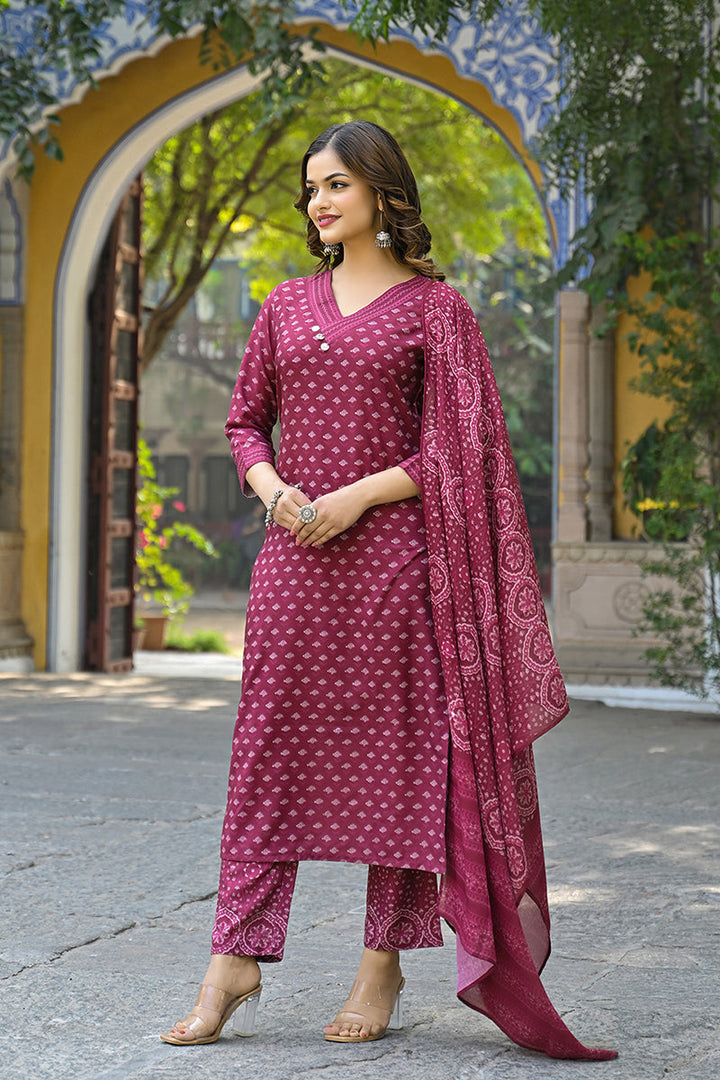 Maroon Cotton Blend Floral Printed Straight Suit Set | SHOBITAM