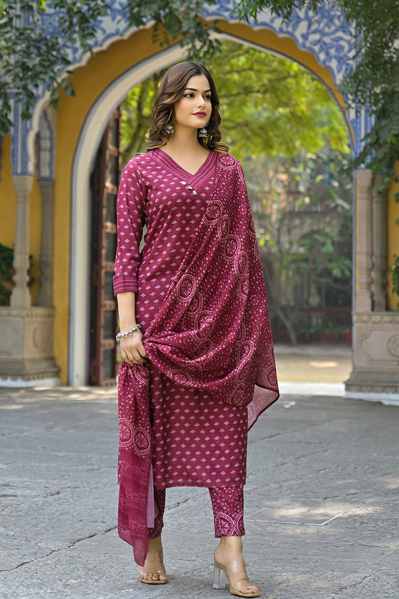 Maroon Cotton Blend Floral Printed Straight Suit Set | SHOBITAM