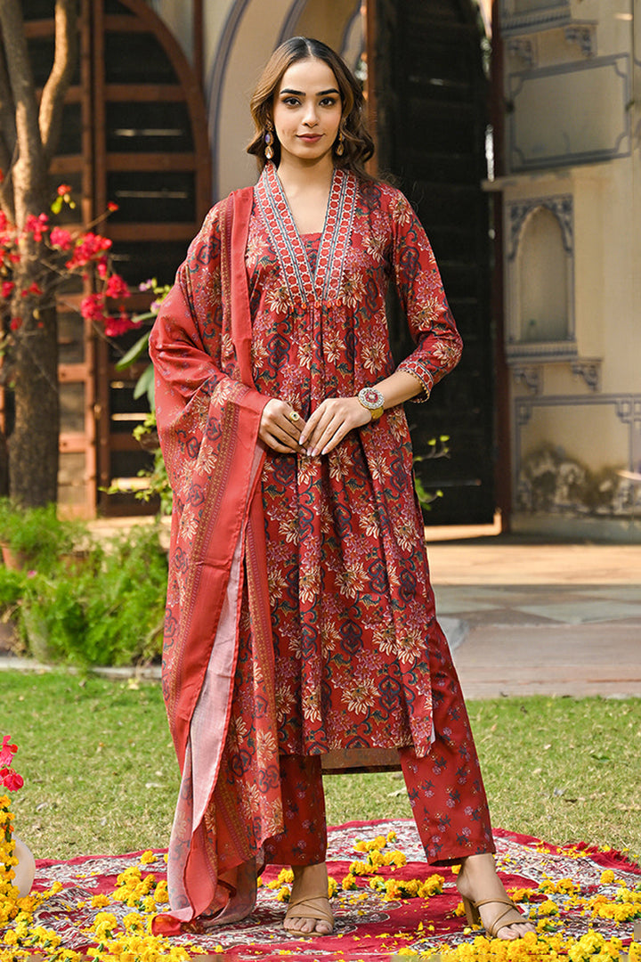 Red Rayon Blend Floral Printed Straight Suit Set | SHOBITAM