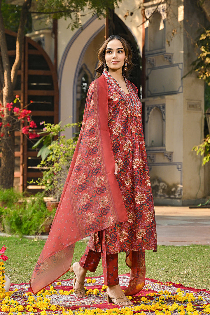 Red Rayon Blend Floral Printed Straight Suit Set | SHOBITAM
