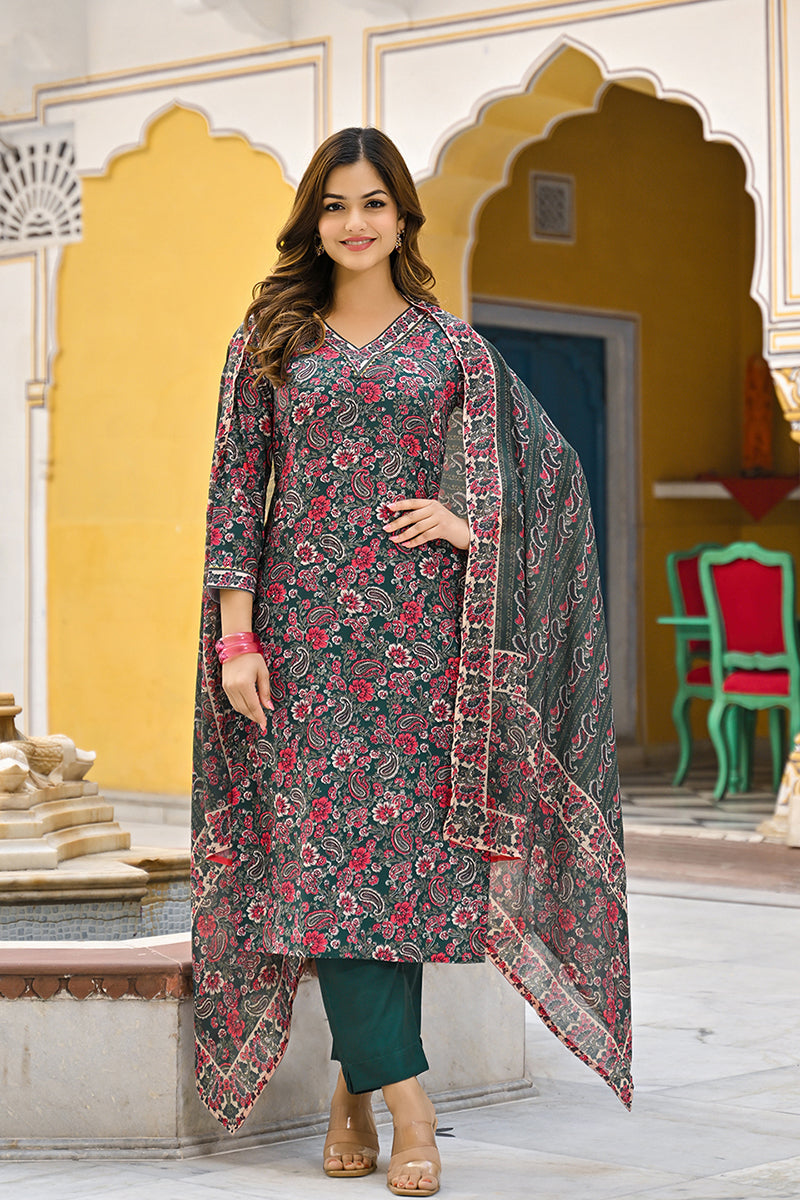 Green Rayon Blend Floral Printed Straight Kurta Trousers With Dupatta | SHOBITAM