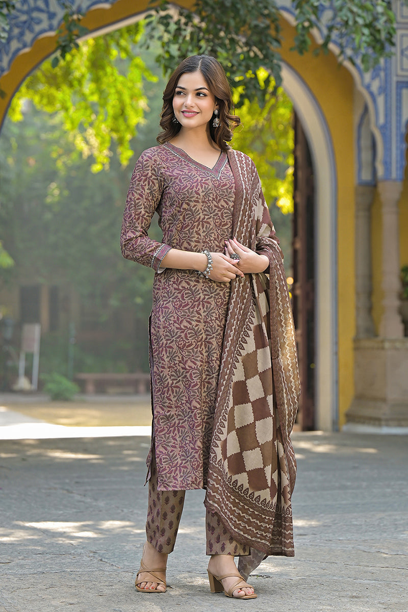 Brown Cotton Blend Floral Printed Straight Trouser Suit Set | SHOBITAM
