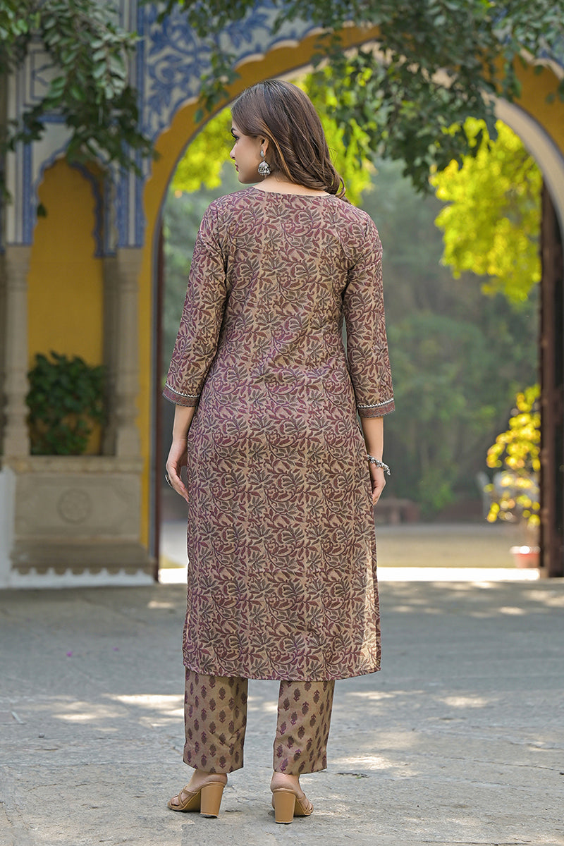 Brown Cotton Blend Floral Printed Straight Trouser Suit Set | SHOBITAM