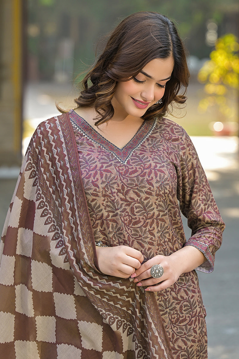 Brown Cotton Blend Floral Printed Straight Trouser Suit Set | SHOBITAM