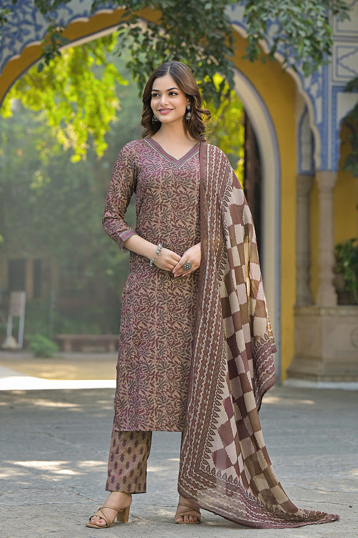 Brown Cotton Blend Floral Printed Straight Trouser Suit Set | SHOBITAM