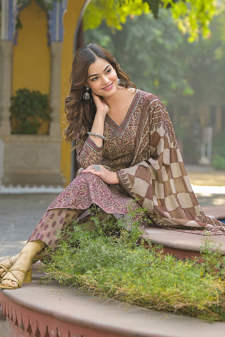 Brown Cotton Blend Floral Printed Straight Trouser Suit Set | SHOBITAM